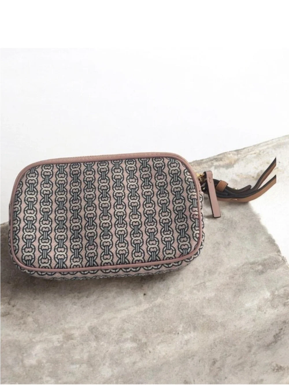 Like New ~ Tory Burch Beige, Brown & Pink Logo Wristlet